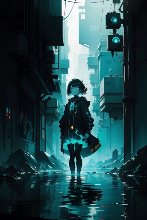 masterpiece, best quality, (silhouette), 1girl standing in the water with (paint color patterns:1.28) in the background and a (sky with clouds and stars in the sky:0.8), galaxy print eyes, ((glowing eyes)), solo, (flat color) graphic, aqua, teal, teal, Cyril Rolando, anime art, (very colorful), foreground foliage, cyberpunk art, neo-romanticism