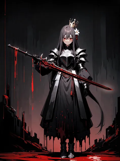 best quality,far shot,full body,1girl,bangs,closed mouth,flower,hair between eyes,hair flower,hair ornament,holding,heavy medieval armor,long hair,long sleeves,looking at viewer,black gloves,dark theme,solo,tassel,upper body,horror theme,royal crown,holding a sword pointing down,looking down,disgust look,dripping red paint,nsfw,smirk,white flowers,dark magic sword,blood splatter,negative,<lora:GoodHands-beta2:1>,<lora:ke-ta-01-CounterfeitV25_25:0.5>,<lora:FizintineStyle:0.8>,fizstyle,monochrome,