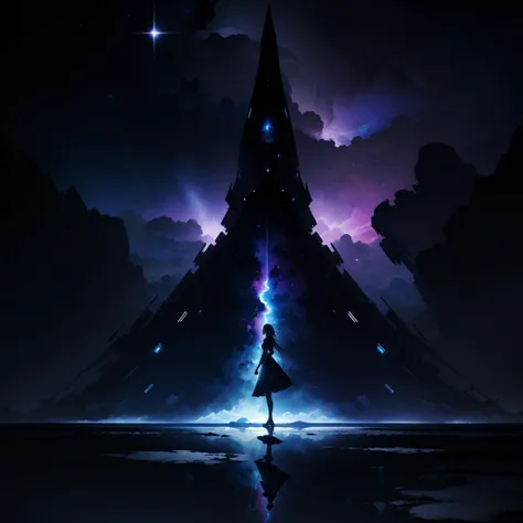 masterpiece, best quality, ultra high res, (abstract art:1.3), (dark theme:1.2), art, stylized, deep shadow, dark theme, 1girl, cosmic dress, cosmic beauty, in space, nebula