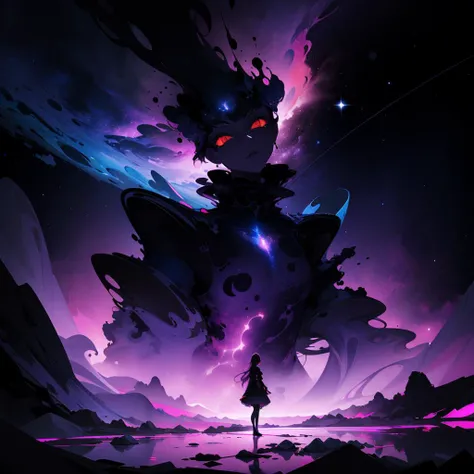 masterpiece, best quality, ultra high res, (abstract art:1.3), (dark theme:1.2), art, stylized, deep shadow, dark theme, 1girl, cosmic dress, cosmic beauty, in space, nebula
