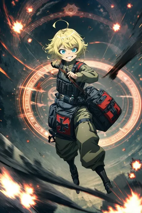 (masterpiece, best quality, ultra detailed), delicate pattern, super fine concept art,
crazy smile, focus eye, bust up,
TanyavonDegurechaff, 1littlegirl, solo, rifle, aiming, ahoge,red pendant, military uniform, belt, pants, boots, air_combat_mage, (iron cross:1.2), (front waist big bag:1.2), porch, (magic circle in the sky:1.2),<lora:TanyavonDegurechaff001:0.7>,
<lora:ç¼çå:0.7>,
<lora:fisheye_slider_v10:1.5>,
<lora:add_detail:0.8>,
motion blur, emphasis line,