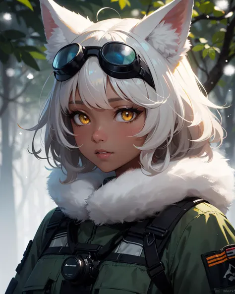 (masterpiece:1.1), (highest quality:1.1), (HDR:1.0), photo of cute army girl, detailed face+eyes, tactical clothing, (white fox girl, animal ear fluff, (fluffy hair), medium hair, attractive, yellow eyes, picturesque, sporty, (dark skin):1.2), (tactical goggles:1.3), upper body, dynamic angle, joyful, by Jeremy Lipking, by Antonio J Manzanedo, (by Alphonse Mucha:0.5), masterpiece, (pov), metal, foggy snowy jungle, varied depth of field, commander