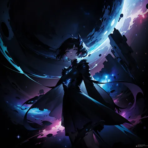 masterpiece, best quality, ultra high res, (abstract art:1.3), (dark theme:1.2), art, stylized, deep shadow, dark theme, 1girl, cosmic dress, cosmic beauty, in space, nebula