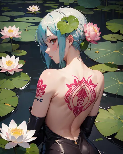 (masterpiece,  best quality,  niji style,  anime),  beautiful lady back,  high detail skin,  (flower tattoo on back),  upper body,  (giant lotus leaf), (2D:1.2), (colorful:1.4)