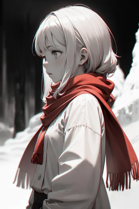 (masterpiece, best quality, ultra detailed), 1girl, (selective color red scarf:1.2), black and white, turn one's face away, looking away, from side, winter, <lora:chromatic aberration v2.04g:0.8>