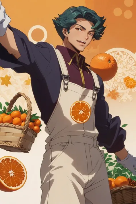 (masterpiece, best quality, ultra detailed), delicate pattern, detailed background, super fine concept art, anime screencap, anime coloring,
1boy, male, cowboy shot, solo, crazy smile, open mouth,
orange patterns background, orange harvest, harvesting oranges from the tree with arms outstretched,
have an orange, fruits, many oranges in a basket, (looking at another), 
Jeremiah_Chugi_Wald, green hair, short hair, brown eyes, (mask), farmer, white gloves, ((overalls, rolled up sleeve)), <lora:JeremiahChugiWald:1>,