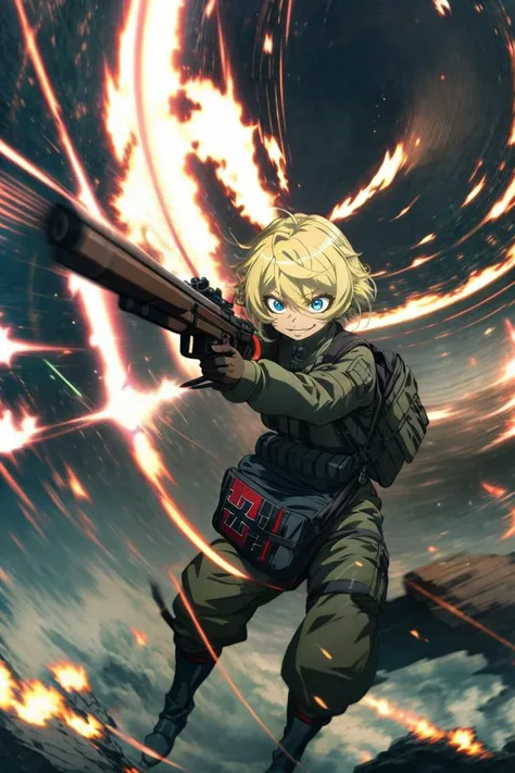 (masterpiece, best quality, ultra detailed), delicate pattern, super fine concept art,
crazy smile, focus eye, bust up,
TanyavonDegurechaff, 1littlegirl, solo, rifle, aiming, ahoge,red pendant, military uniform, belt, pants, boots, air_combat_mage, (iron cross:1.2), (front waist big bag:1.2), porch, (magic circle in the sky:1.2),<lora:TanyavonDegurechaff001:0.7>,
<lora:ç¼çå:0.7>,
<lora:fisheye_slider_v10:1.5>,
<lora:add_detail:0.8>,
motion blur, emphasis line,