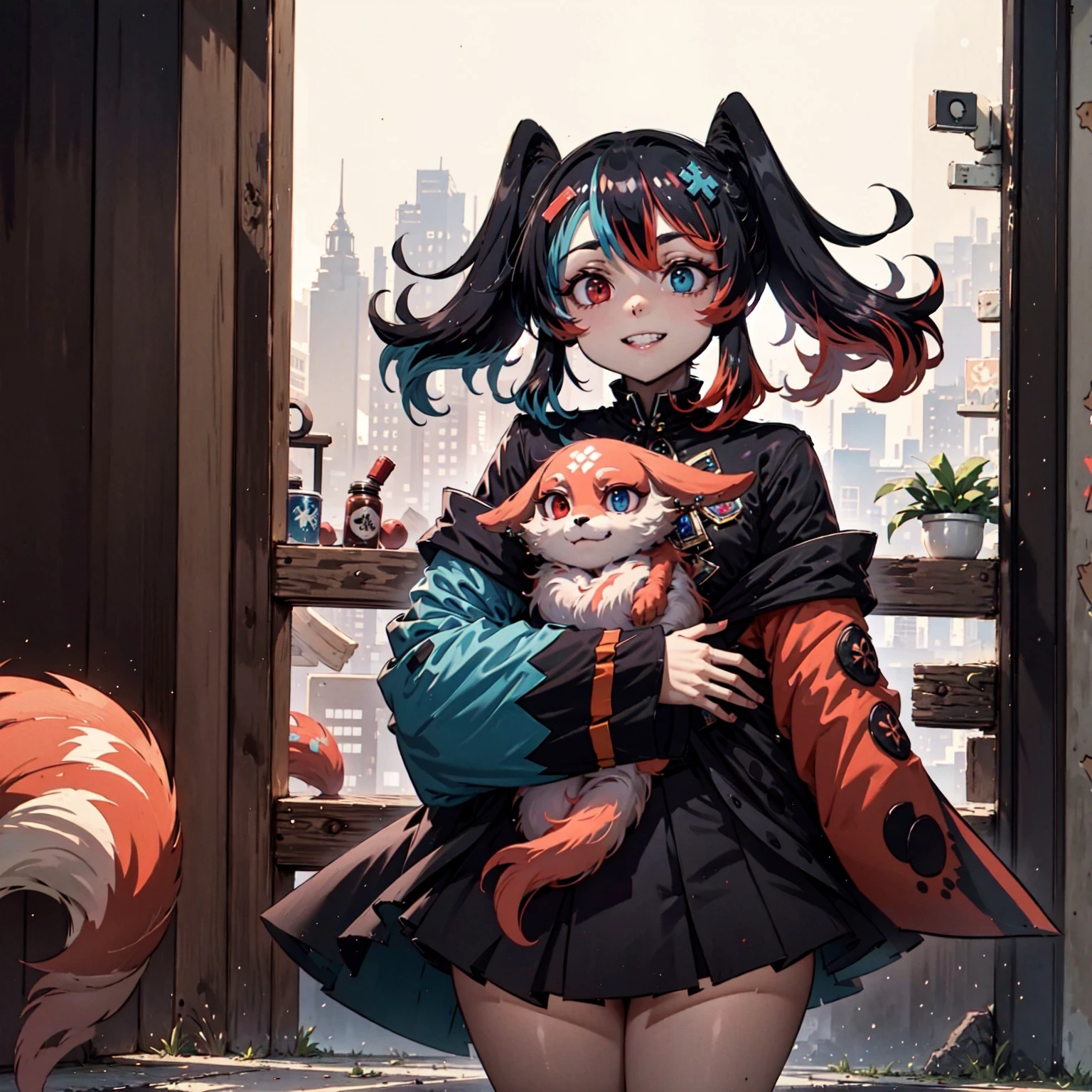 (masterpiece, best quality:1.3), <lora:switchchan2:0.85> , SwitchchanOutfit smiling hugging YaeMikoFox ,red eyes, blue eyes, heterochromia, smooth skin, <lora:YaeMikoFox:0.95>,