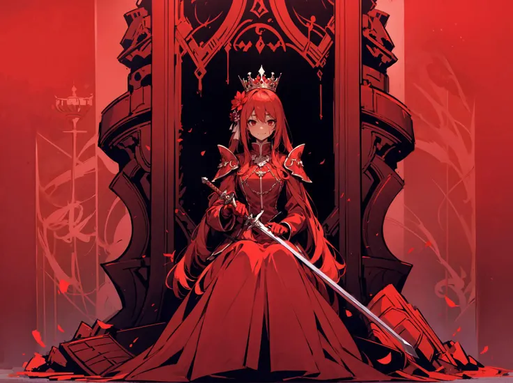 best quality,far shot,full body,1girl,bangs,closed mouth,flower,hair between eyes,hair flower,hair ornament,holding,heavy medieval armor,long hair,long sleeves,looking at viewer,black gloves,dark theme,solo,tassel,upper body,horror theme,royal crown,holding a sword pointing down,looking down,disgust look,dripping red paint,nsfw,smirk,white flowers,dark magic sword,blood splatter,negative,<lora:GoodHands-beta2:1>,<lora:ke-ta-01-CounterfeitV25_25:0.5>,<lora:FizintineStyle:0.8>,fizstyle,monochrome,