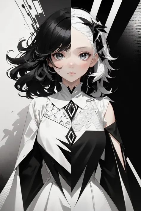 (masterpiece, best quality, ultra detailed), delicate pattern, detailed background,
(1girl), solo, bust up,
MonoCream, black and white, <lora:MonoCream:0.7>,
(split-screen) long black hair wearing black clothes and short white hair wearing white clothes, flip-horizontal, symmetry, crisp edges, high-contrast,