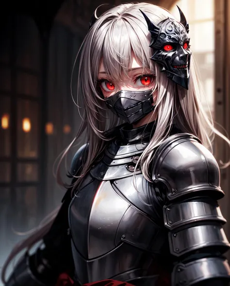 ((masterpiece)), ((best quality)), 1girl, face, (creepy_smile:), red eyes, glowing eyes, gray hair, closed mouth, knight armor, heavy armor, (small_iris), long hair, mask, covered face, dungeon background, (inside:1.1), (blurry background:1.4),<lora:more_details:1>