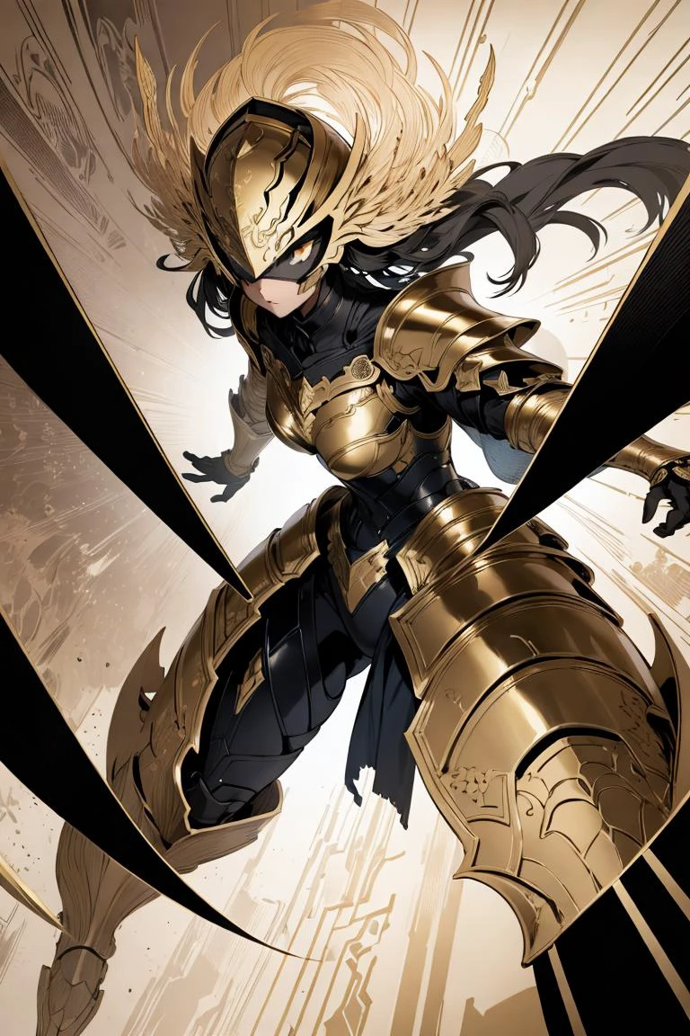 (masterpiece, best quality, ultra detailed, illustration, textile shading), delicate pattern, detailed background, fantasy, 1girl, solo, knight, dynamic pose, dynamic angle, art_deco_fusion pattern heavy armor and helm, symmetry, black and gold, <lora:art_deco_fusion:0.7>, flat lighting, flat color,