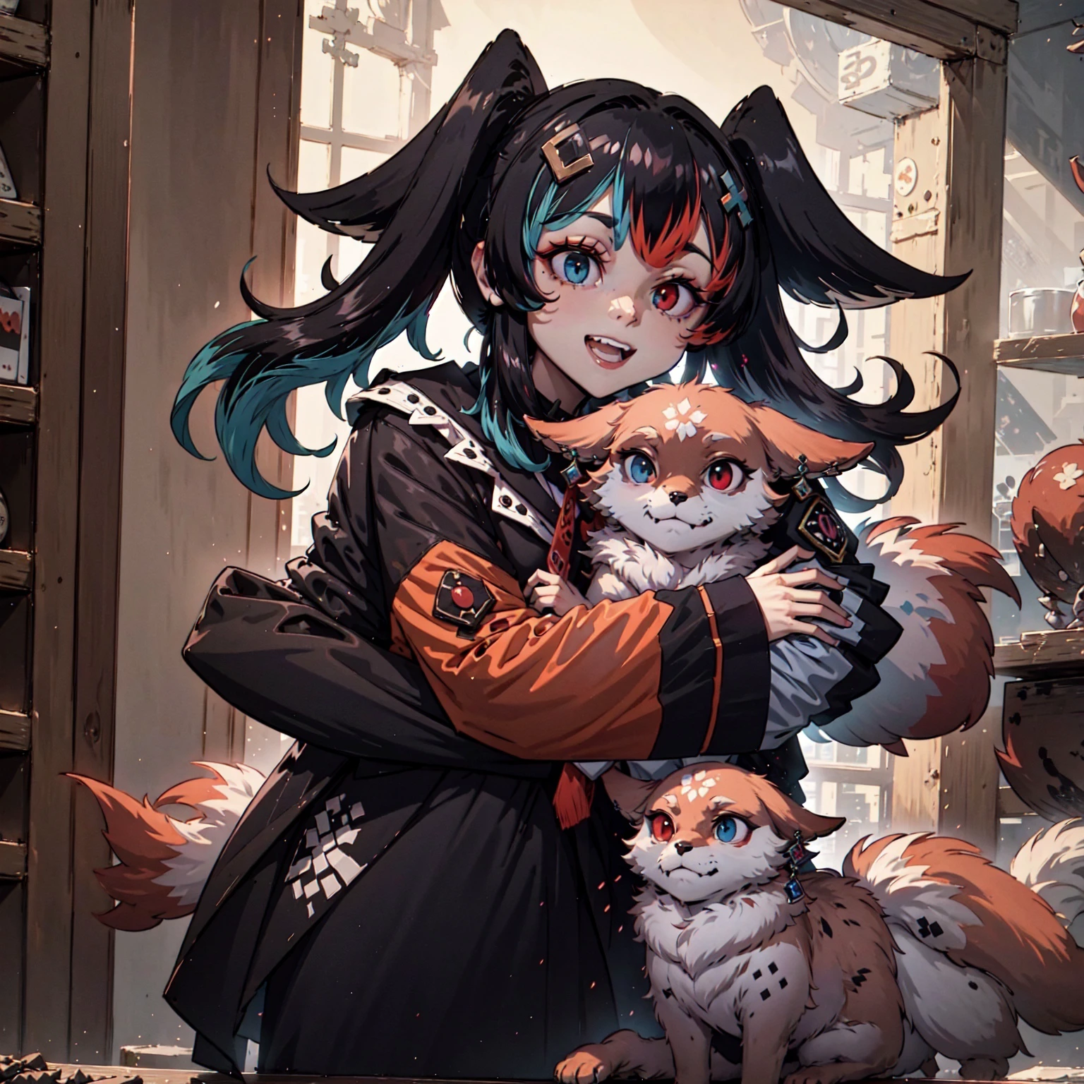 (masterpiece, best quality:1.3), <lora:switchchan2:0.85> , SwitchchanOutfit smiling, hugging ,red eyes, blue eyes, heterochromia, smooth skin, <lora:YaeMikoFox:0.95>, YaeMikoFox
