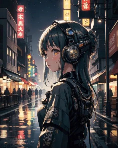(masterpiece:1.1), (highest quality:1.1), (HDR:1.0), masterpiece, best quality, 1girl, cyberpunk, headphone, techwear, hair ornament, street, neon sign, plants, neon_lights, luminescent, looking away, water reflection, scenery, starry sky, from behind, long hair, (best quality:1.0), (high quality:1.0), incredibly absurdres, (highres), (ultra-detailed:1.2), sharp, crisp detail, intricate details, official art, 8k, highly detailed, (detailed background:1.3), (very detailed textures), (textured clothes), beautiful, expressive detailed eyes, animated, anime screencap, (incredibly cute:1.4), (adorable:1.1), (grunge filter:1.3), (solarpunk:1.3), (kpop), (solo)