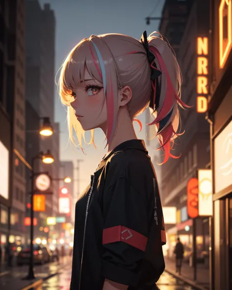(masterpiece:1.1), (highest quality:1.1), (HDR:1.0), 1 girl, highly detailed hair, multicoloured hair, night, neon sign backlight, cinematic lighting, looking to the viewer, side lighting, complex hairstyle, midnight vibe, Depth of field