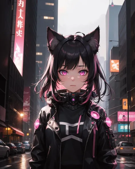 (masterpiece:1.1), (highest quality:1.1), (HDR:1.0), evening, cityscape, 1girl, solo, cat_ears, ears_down, looking_at_viewer, upper_body, black_hair, pink_eyes, outdoors, cyberpunk, science_fiction, neon_lights
