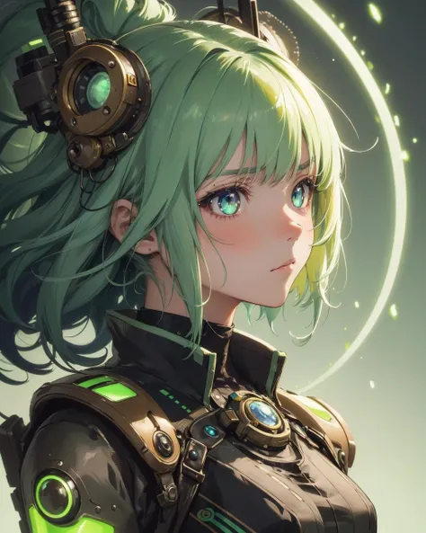(masterpiece:1.1), (highest quality:1.1), (HDR:1.0), (real focus:1.2), (colored:1.3), a cute girl, detailed face and eyes, solo, ,, neon hair, medium hair, floating hair, cat eyes, muted color, green neon, fantasy, (luminous:1.2), visibly (serious:1.2), steampunk aesthetic
