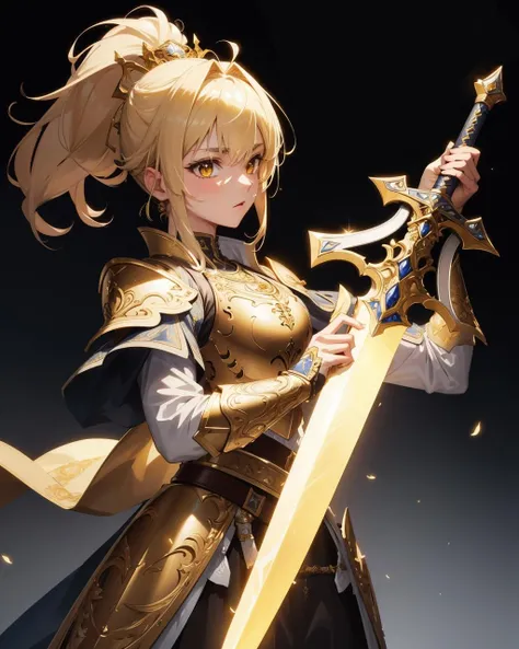 (masterpiece:1.1), (highest quality:1.1), (HDR:1.0), sword of paladin, ornate blade, golden straight handle, yellow glow