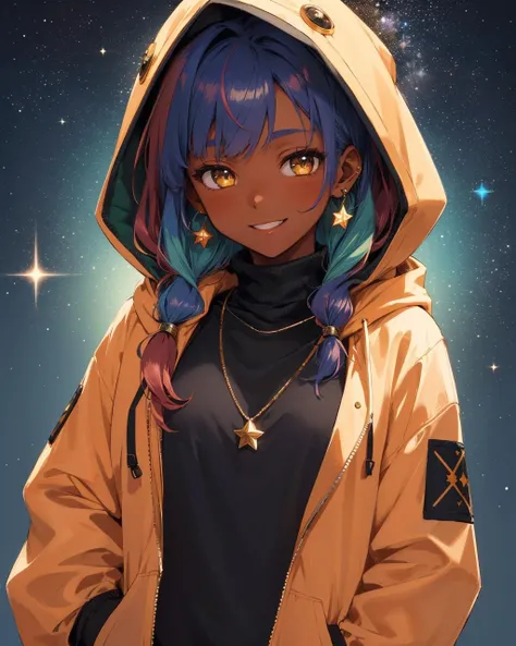 (masterpiece:1.1), (highest quality:1.1), (HDR:1.0), 1girl, solo, blush, smile, brown hair, shirt, jewelry, blue hair, jacket, upper body, multicolored hair, earrings, green hair, teeth, dark skin, hood, necklace, star (symbol), dark-skinned female, hoodie, turtleneck, hooded jacket, black sweater