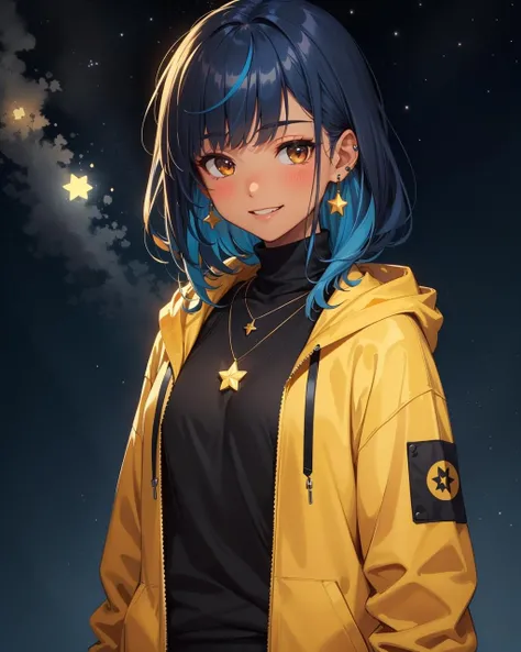 (masterpiece:1.1), (highest quality:1.1), (HDR:1.0), 1girl, solo, blush, smile, brown hair, shirt, jewelry, blue hair, jacket, upper body, multicolored hair, earrings, green hair, teeth, dark skin, hood, necklace, star (symbol), dark-skinned female, hoodie, turtleneck, hooded jacket, black sweater