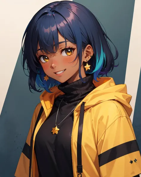(masterpiece:1.1), (highest quality:1.1), (HDR:1.0), 1girl, solo, blush, smile, brown hair, shirt, jewelry, blue hair, jacket, upper body, multicolored hair, earrings, green hair, teeth, dark skin, hood, necklace, star (symbol), dark-skinned female, hoodie, turtleneck, hooded jacket, black sweater