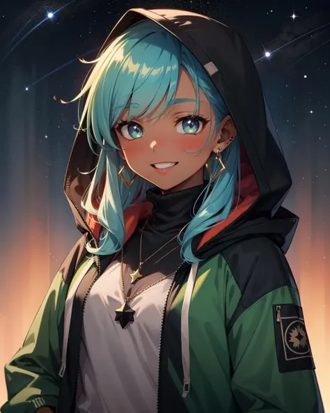 (masterpiece:1.1), (highest quality:1.1), (HDR:1.0), 1girl, solo, blush, smile, brown hair, shirt, jewelry, blue hair, jacket, upper body, multicolored hair, earrings, green hair, teeth, dark skin, hood, necklace, star (symbol), dark-skinned female, hoodie, turtleneck, hooded jacket, black sweater