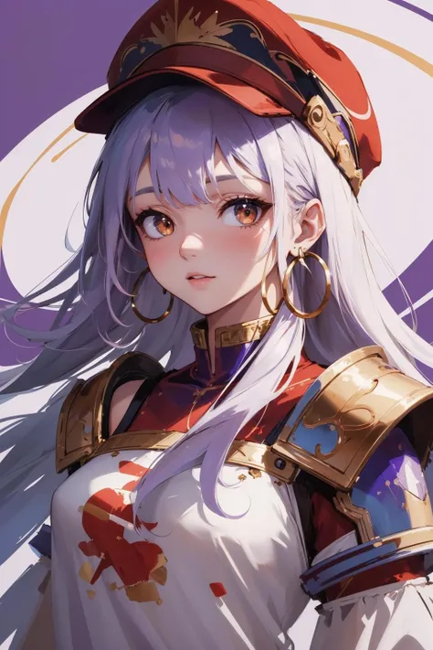 (masterpiece:1.1), (highest quality:1.1), (HDR:1.0), 1girl, red eyes, backwards hat, pale hair, happy, expressive, shoulder armor, purple background, hat, hoop earrings, jewelry, looking at viewer, shirt, long hair, (simple background:0.8), (abstract background:1.2), solo, upper body, marroon shirt, gold trim, (luxury:0.8)