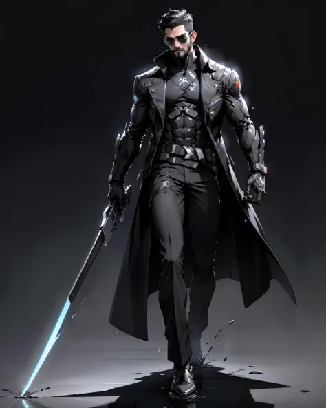 (masterpiece:1.1), (highest quality:1.1), (HDR:1.0), full body of adam jensen deus ex, sunglasses, long black coat, black hair, simple background