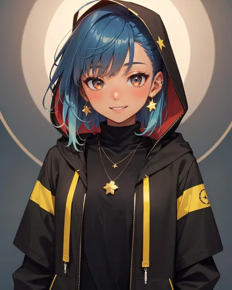 (masterpiece:1.1), (highest quality:1.1), (HDR:1.0), 1girl, solo, blush, smile, brown hair, shirt, jewelry, blue hair, jacket, upper body, multicolored hair, earrings, green hair, teeth, dark skin, hood, necklace, star (symbol), dark-skinned female, hoodie, turtleneck, hooded jacket, black sweater