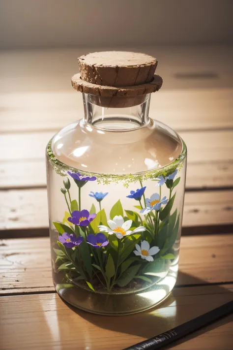 (masterpiece:1.1), (highest quality:1.1), (HDR:1.0), a realistic photo of spring in a bottle