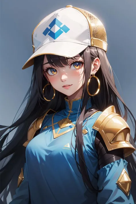 (masterpiece:1.1), (highest quality:1.1), (HDR:1.0), 1girl, all white eyes, backwards hat, black hair, happy, expressive, shoulder armor, blue background, hat, hoop earrings, jewelry, looking at viewer, shirt, long hair, (simple background:0.8), (abstract background:1.2), solo, upper body, blue shirt, gold trim, (luxury:0.8)