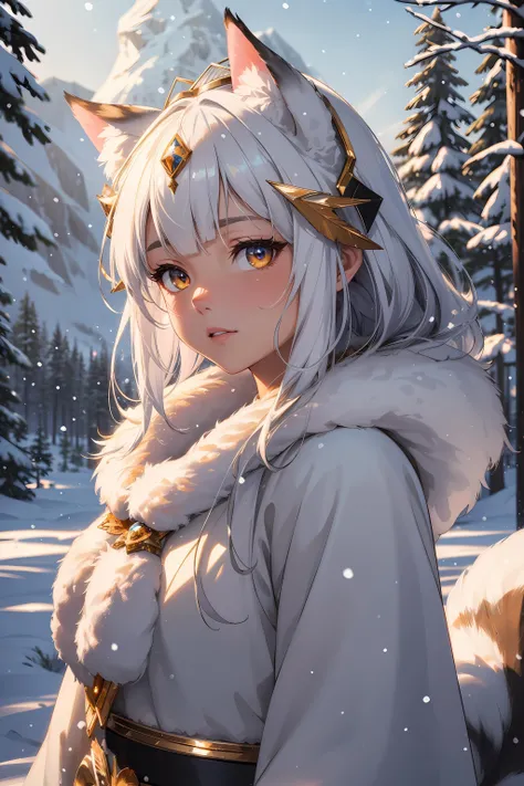extreme quality, cg, detailed face+eyes, (bright colors), (anime), 1girl, impact, (winter), blizzard, time stop, sci fi, (tribal cat), (eskimo), animal ear fluff, fur trim, clouds, tan skin, (feather headdress), masterpiece, top tier, extravagant, 8k, unity wallpaper, unreal engine 5, ray tracing, 8k, cinematic, varied depth of field, octane render, elegant, tone mapping, hyper focus, parted lips, upperbody, (black), dappled sunlight, (snowing), nature, winter coat, upper body, (morning glow), lighthouse, gold eyes, horizon, picturesque scenery, mountain, forest, looking at viewer, (tundra)