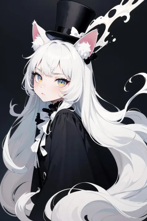 masterpiece, best quality, ultra high res, a cute cat, beautiful, visually stunning, elegant, incredible details, award-winning painting, high contrast, vector art, line art, splatter, flat color, color merge gradient, (kitten:0.7), (dark white theme:1.2), n3on, glowing, neon, (fluffy:1.2), top hat, cat eyes, serious, indigo