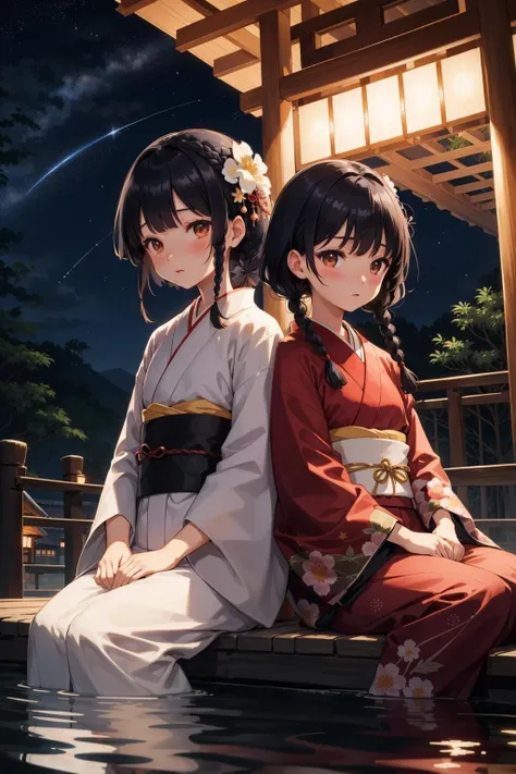 bamboolight, bamboo, 1girls, japanese clothes, kimono, night, blush, black hair, sitting, tanabata, braid, outdoors, hair ornament, sky, star (sky), water, night sky, twin braids, bangs, short hair, hair flower, flower, starry sky, wide sleeves