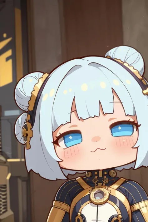 (masterpiece, best quality, ultra detailed), delicate pattern, detailed background, 
super fine concept art, steampunk,
1girl, solo,  empty eyes, double bun,
AGGA_ST019, chibi, <lora:HerrscherAGGA2023_Chibi_V1:0.8>,
gunner,
white tone,