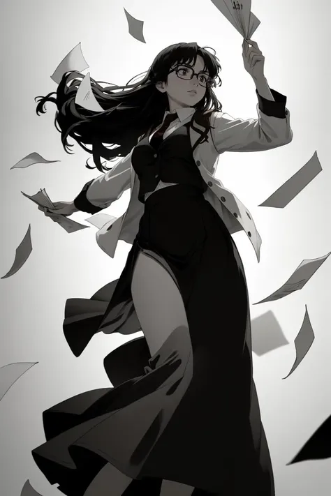 (masterpiece, best quality, ultra detailed), delicate pattern, detailed background, detailed face, 
1girl, solo, serious, active pose,
from below,  turn one's face away, looking away ,
yomikoreadman, (brown_vest, waistcoat), white_shirt,  red_necktie, dark brown long skirt, glasses,  <lora:Yomiko_Readman:0.7>,
(lots of paper dancing, flying paper),
MonoCream, black and white, monochrome, high-contrast, <lora:MonoCream:0.9>,