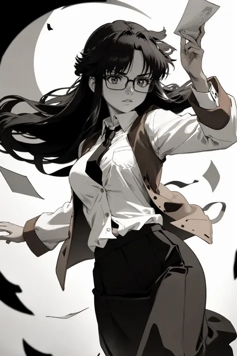 (masterpiece, best quality, ultra detailed), delicate pattern, detailed background, detailed face,
1girl, solo, serious, active pose,
from front,
yomikoreadman, (brown_vest, waistcoat), white_shirt, red_necktie, dark brown long skirt, glasses, <lora:Yomiko_Readman:0.7>,
(lots of paper dancing, flying paper),
MonoCream, black and white, monochrome, high-contrast, <lora:MonoCream:0.9>,
