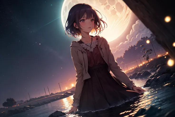 anime, cg, 1girl, (masterpiece:1.1), (highest quality:1.1), (HDR:1.0), extreme quality, bokeh, depth of field, dynamic angle, river Background, moon, moonlight, light particles, warm tones, pastel colors