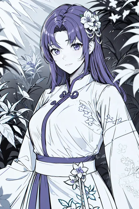 (masterpiece,best quality)),1girl, bangs, blurry background, dappled sunlight, flower, hair flower, hair ornament,chinese clothes, leaf, (maple leaf:1.9),outdoors solo, sunlight, upper body,beautiful face,dark purple hair,light purple eyes,zoom in on eyes,long hair,sideburns,straight hair,face to face,manly,medium breasts,mature female,voluptuous,hanfu,ming style, <lora:animeLineartMangaLike_v30MangaLike:0.8>,lineart, monochrome, <lora:CarolV3.5:0.7>,light smile,