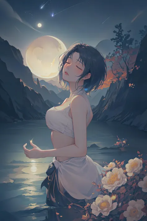masterpiece, best quality,(realistic),(finely detailed beautiful eyes and detailed face),cinematic lighting,bust shot,extremely detailed CG unity 8k wallpaper,solo,1girl,closed eyes, meteor,medium breasts,detailed and beautiful river scenery,shooting star,firefly,aurora,{{sparkling water}},Isekai cityscape, sky, starry sky,moonlight,moon,night,(dark theme:1.3), light,,dancing, mystical and mysterious atmosphere,<lora:CarolV3.5:0.7>,relaxed, enjoy,