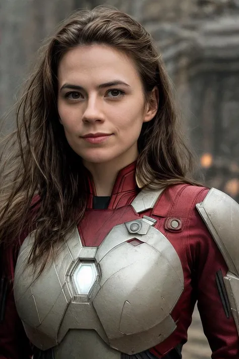 masterpiece, stunning closeup portrait photo of ewt,  wearing iron man mark II armor suit, cosplay, 8k uhd, dslr, bright lighting, high quality, film grain, Fujifilm XT3 