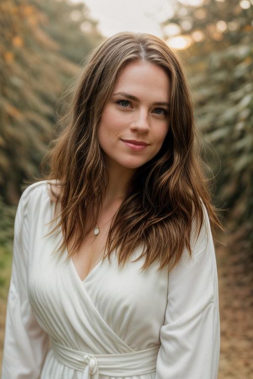 A woman in a white dress standing in a forest - SeaArt AI