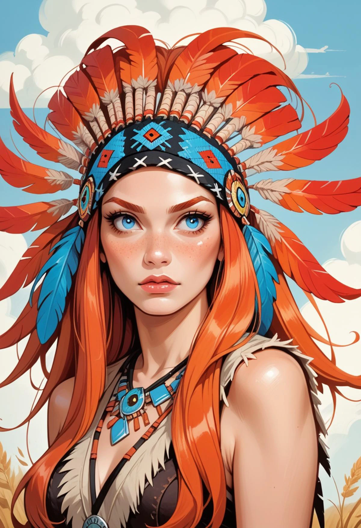 score_9, score_8_up, score_7_up, score_6_up, score_5_up, score_4_up, hud_shera_bk_styl, <lora:hud_shera_bk_styl_XLP:0.8>,1girl, long ginger hair, blue eyes, hud_n_a_hddrss, blue and black native american headdress, feathers, headband, <lora:hud_n_a_hddrss_XLP:0.8>