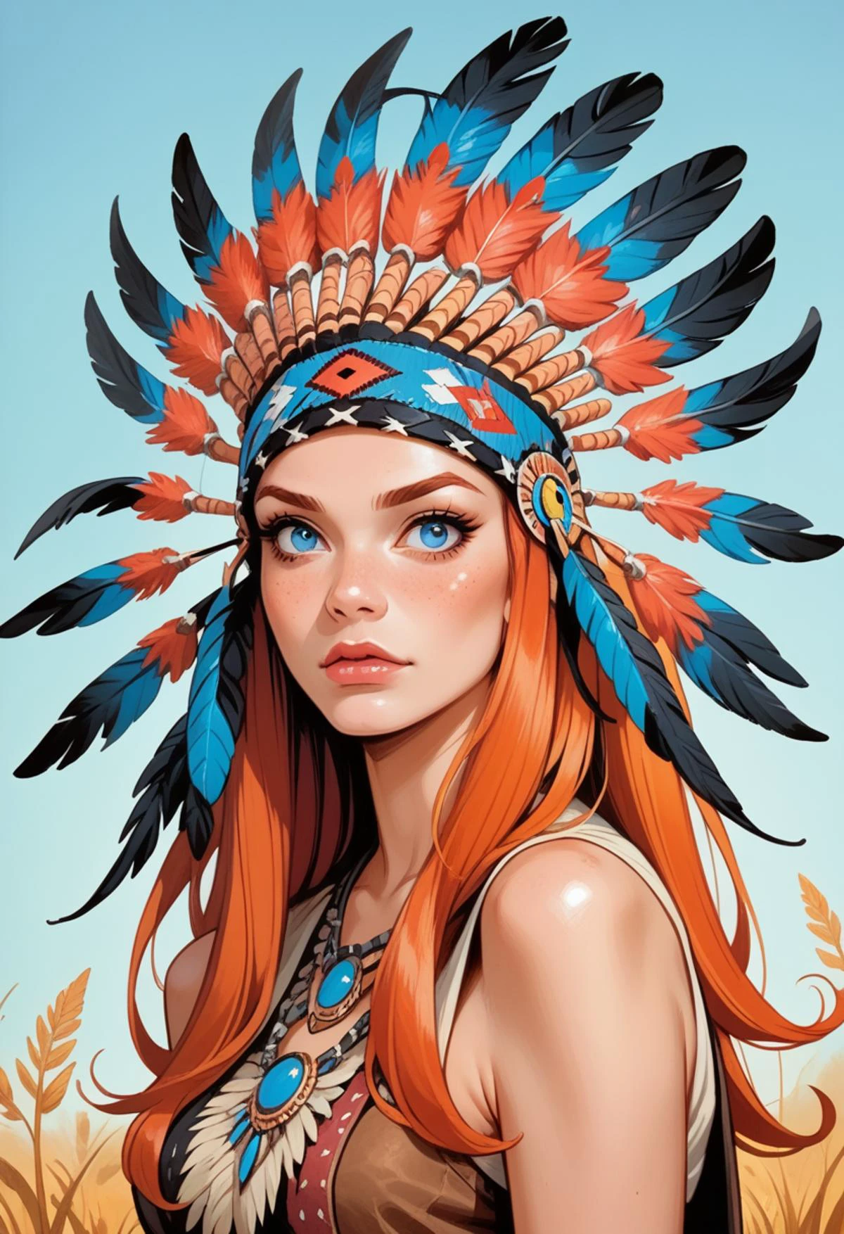 score_9, score_8_up, score_7_up, score_6_up, score_5_up, score_4_up, hud_shera_bk_styl, <lora:hud_shera_bk_styl_XLP:0.8>,1girl, long ginger hair, blue eyes, hud_n_a_hddrss, blue and black native american headdress, feathers, headband, <lora:hud_n_a_hddrss_XLP:0.8>