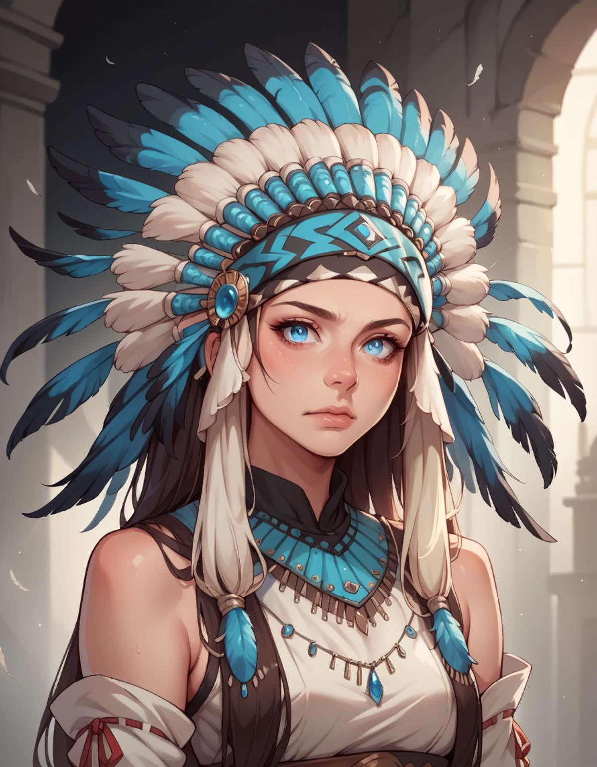 score_9, score_8_up, score_7_up, score_6_up, score_5_up, score_4_up, 1girl, long hair, blue eyes, hud_n_a_hddrss, headdress, feathers, headband, <lora:hud_n_a_hddrss_XLP:0.8>