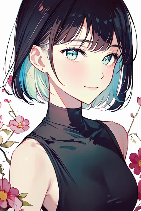 (masterpiece, best quality, absurdres:1.2), a woman with straight short hair with bangs, upper body, slight smile, colorful watercolor background made of paint splashes, <lora:GomziStyle:1>