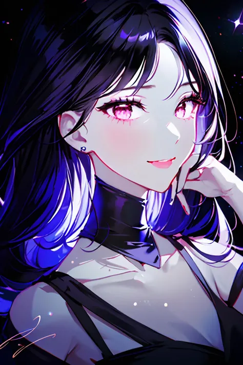 (masterpiece, best quality, absurdres:1.2), 1girl, tall female, mature female, smile, pretty girl, beatiful face, black hair, detailed face, glitter, eye glitter, red eyes, glowing eyes, night sky, night, purple theme, <lora:GomziStyle:1>,