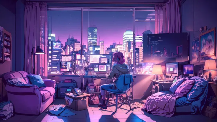 A girl is trader, pink theme, style anime, computer, living room, in the computer screen is chart stock night light , (Highly detailed:1.2), (warm light:1.2), masterpiece, ultra realistic,32k, extremely detailed CG unity 8k wallpaper, best quality <lora:pinkanime_sora:0.9>, (masterpiece,best quality:1.5)