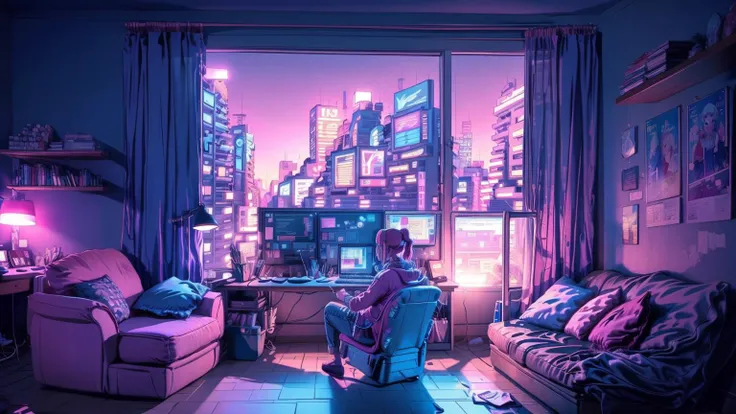 A girl is trader, pink theme, style anime, computer, living room, in the computer screen is chart stock night light , (Highly detailed:1.2), (warm light:1.2), masterpiece, ultra realistic,32k, extremely detailed CG unity 8k wallpaper, best quality <lora:pinkanime_sora:0.9>, (masterpiece,best quality:1.5)