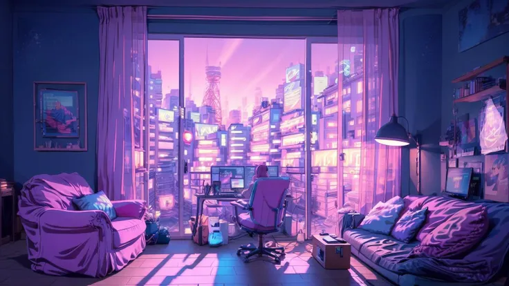 A girl is trader, pink theme, style anime, computer, living room, in the computer screen is chart stock night light , (Highly detailed:1.2), (warm light:1.2), masterpiece, ultra realistic,32k, extremely detailed CG unity 8k wallpaper, best quality <lora:pinkanime_sora:0.9>, (masterpiece,best quality:1.5)